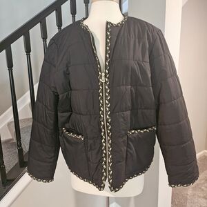 Chico’s Black Nylon Tweed Trim (Black/Gold) Quilted Jacket (Chico’s Size 3)